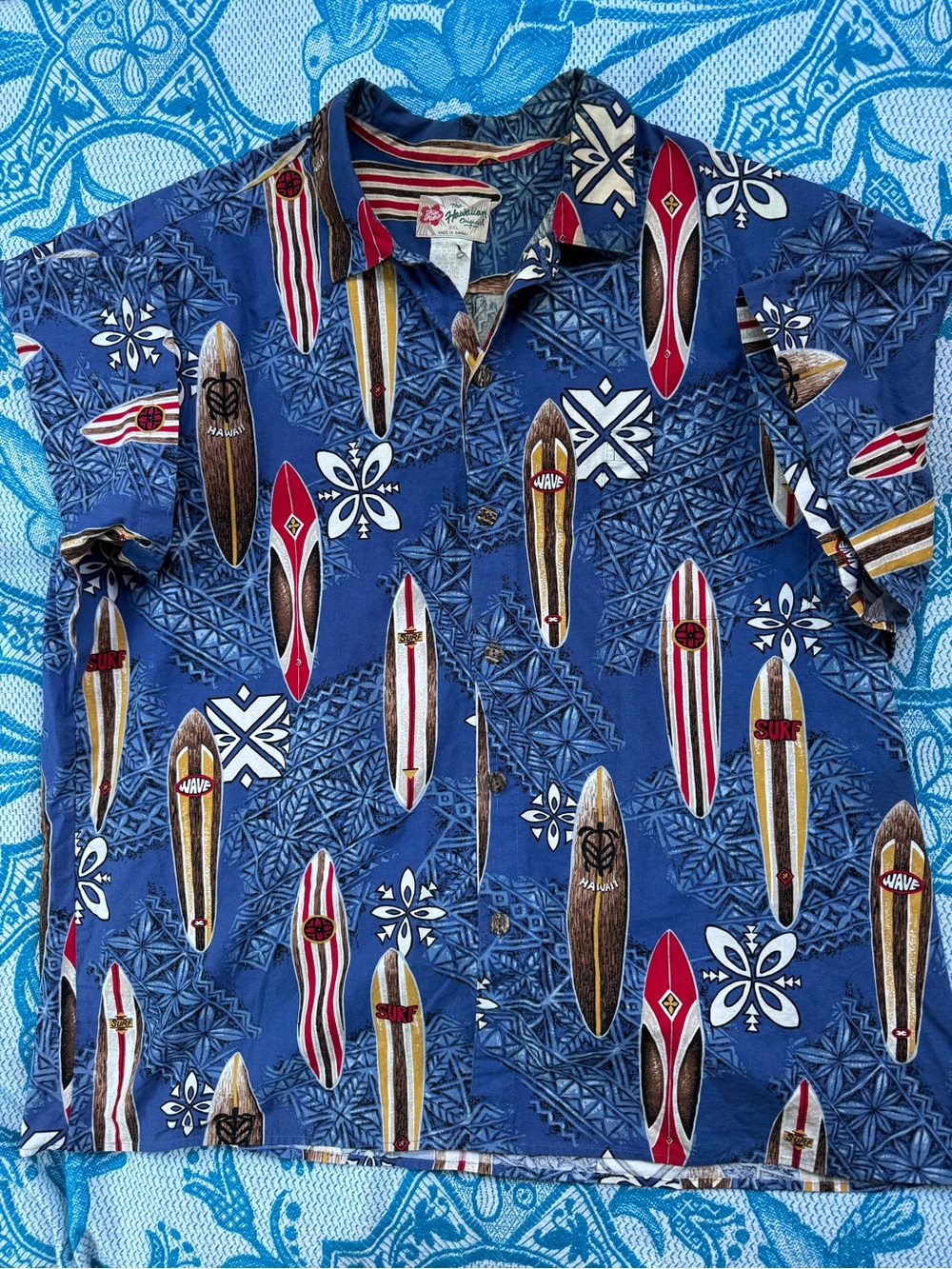 Vintage Hilo Hattie Mens 3XL Blue Surfboard Hawaiian Shirt Aloha Cotton USA